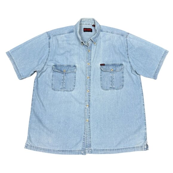 VINTAGE‎ Men's WOLVERINE Denim Jean Short Sleeve Button Down 90s Shirt- Size XL - Picture 1 of 10